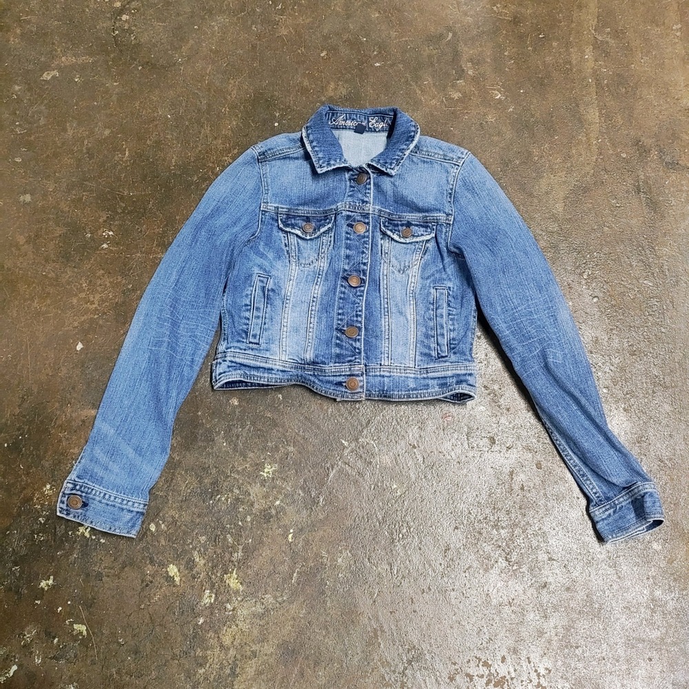 Y2K American Eagle Jean Jacket Womens Small Crop Denim Distressed Rigid Fit VTG